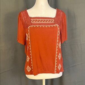 American Eagle Outfitters Rust Orange Embroidered Square-Neck Blouse Cropped